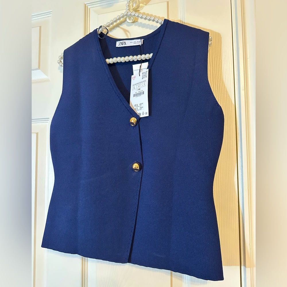 Zara Navy Blue V-Neck Buttoned Vest